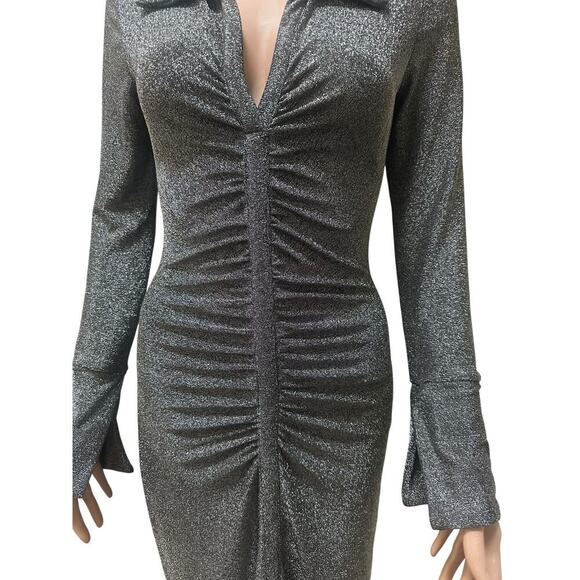 WAYF Metallic Silver Long Sleeve Ruched Midi Dress Size Small - Picture 4 of 4